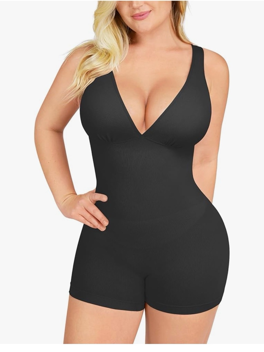 SHAPELLX Black Seamless V-Neck Shapewear Bodysuit NWT LARGE